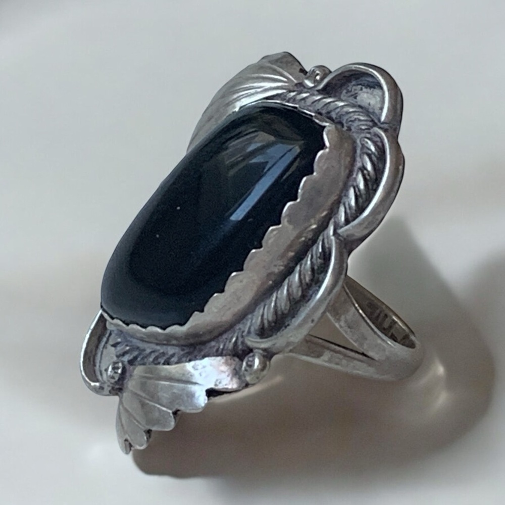 Signed PLATERO Native American Navajo Black Onyx Sterling Silver Ring Jewelry - Picture 4 of 9